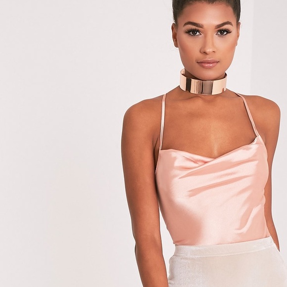 PrettyLittleThing Tops - Rose gold satin cowl neck bodysuit